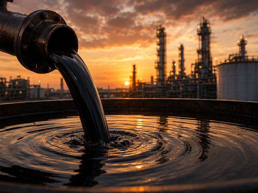 Crude oil flowing from a pipeline into a storage tank